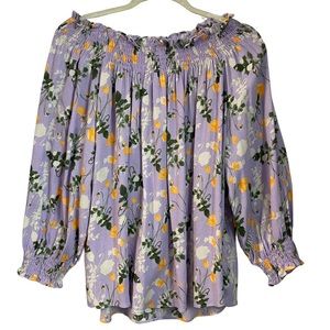 Melloday Lilac Floral Smocked Off-Shoulder Peasant Top Balloon Sleeves Size L